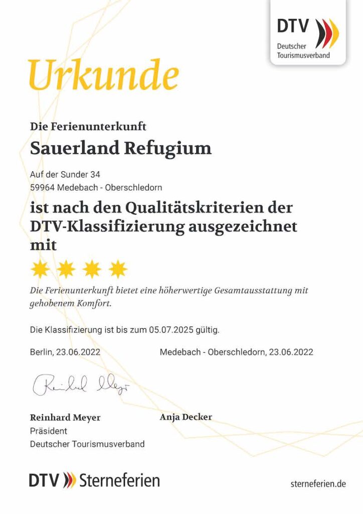 Urkunde Sauerland Refugium Sterne